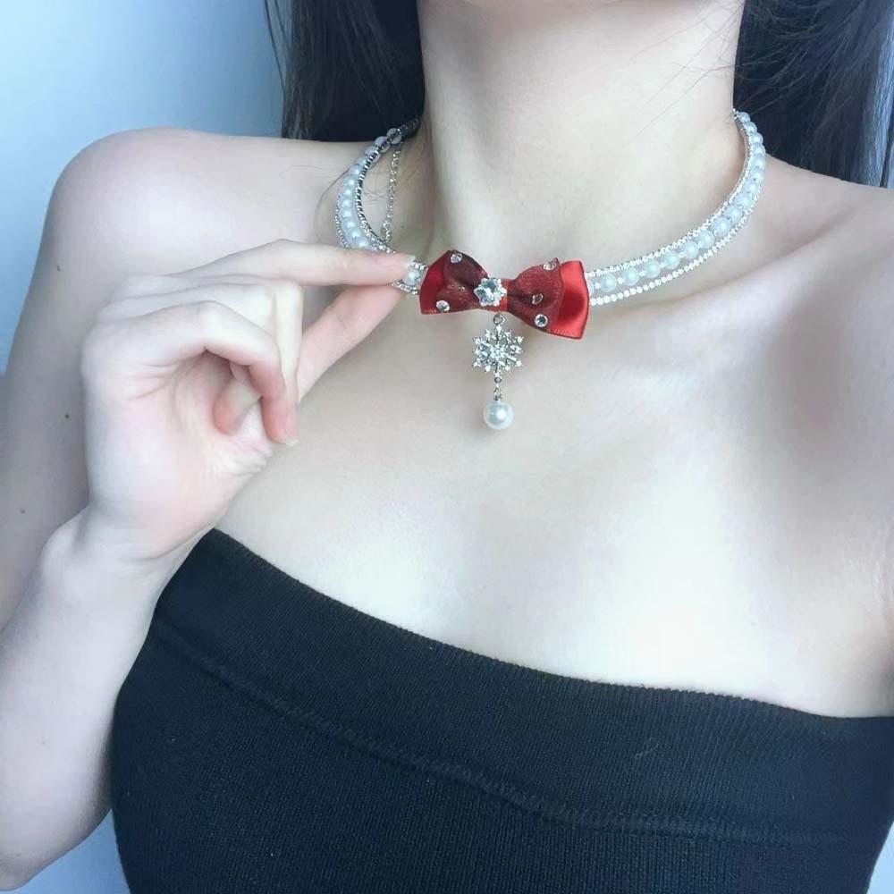 Tassel Pearls Rhinestone Choker Zinc Zinc Alloy Shiny Neck Jewelry Personalized Bow Beads Necklace  Banquet