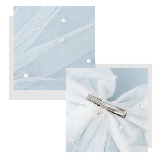 Bridal Hair Clip with Bow Faux Pearl Veil Wedding Headdress White Tulle Wedding Day Honeymoon Hair Accessory