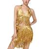 Belly Dance Costume Latin Dance Outfits Sequins Tassels Skirt and Halter Bra Top