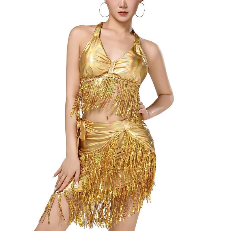 Belly Dance Costume Latin Dance Outfits Sequins Tassels Skirt and Halter Bra Top