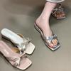 Self-kept Version~ Fairy Wind Square Head Cross One-word Slippers, Female 2025 Summer Bow with Skirt Cool Slippers