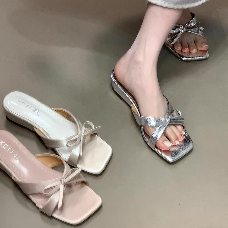 Self-kept Version~ Fairy Wind Square Head Cross One-word Slippers, Female 2025 Summer Bow with Skirt Cool Slippers