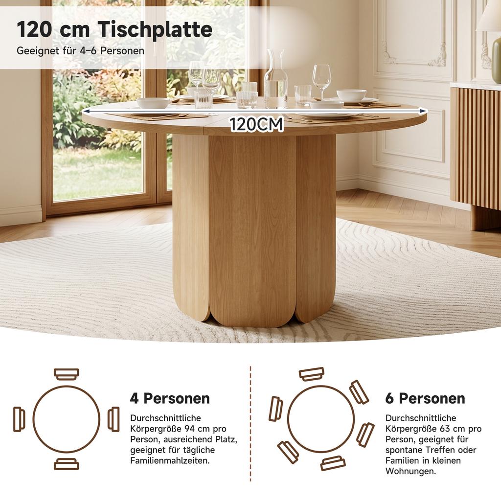 Round Dining Table, 120 x 120 cm, suitable for 4-6 people, Scandinavian-minimalist style, durable and scratch-resistant, oak color (without chair)