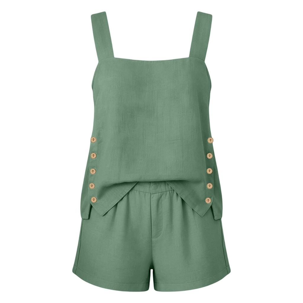 Women's Linen Two Piece Set Side Slit Square Neck Tank Top and Elastic Waist Shorts Summer Casual Outfit Lightweight Breathable Fabric