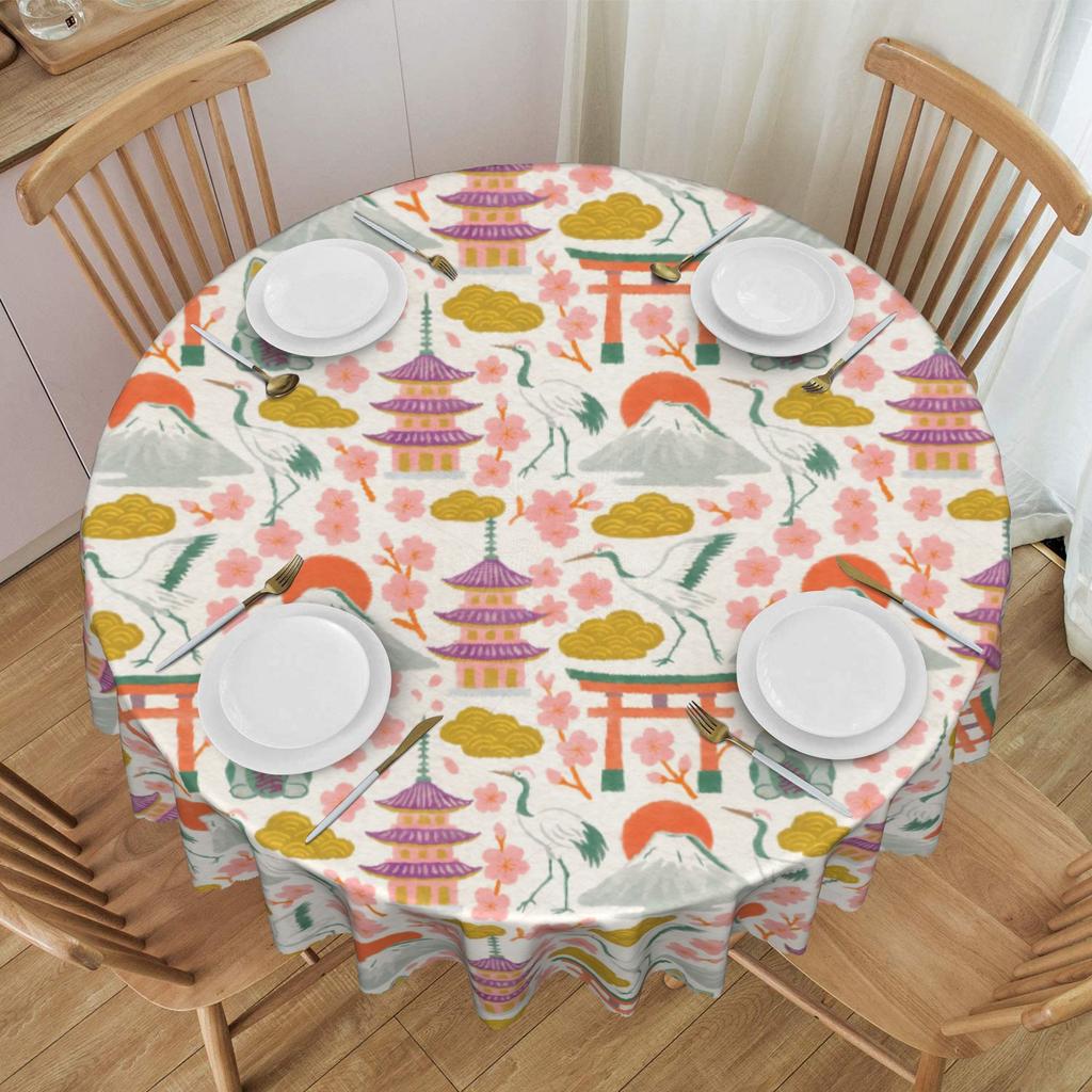 Round Maneki Neko Sakura Cherry Blossom Tablecloth Waterproof Oil-Proof Table Covers 70 inch Lucky Cat Fuji Cranes Table Cloth