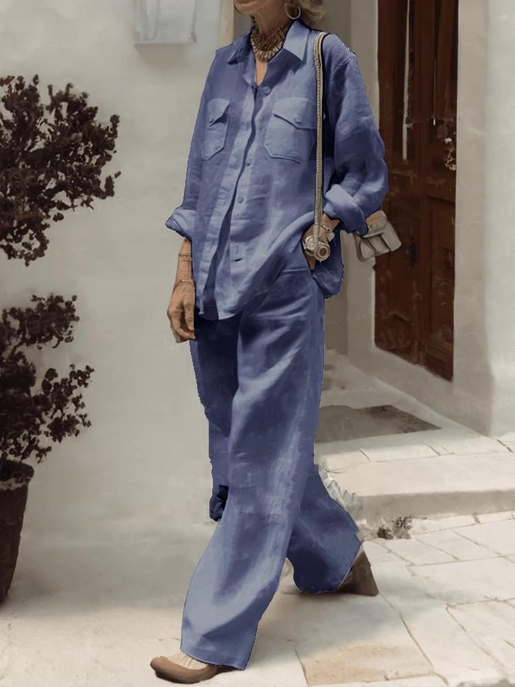 Fashion Solid Cotton Linen Shirt Set for Women Long Sleeve Blouse Top Pockets Pants Suit Female Casual Outfits