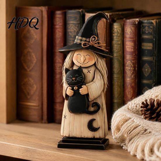Vintage Style Witch Statue for Shelf Wooden Ornament Retro Halloween Figurine with Broom/Pumpkin/Black Collectible Figures Cat Creative Tabletop