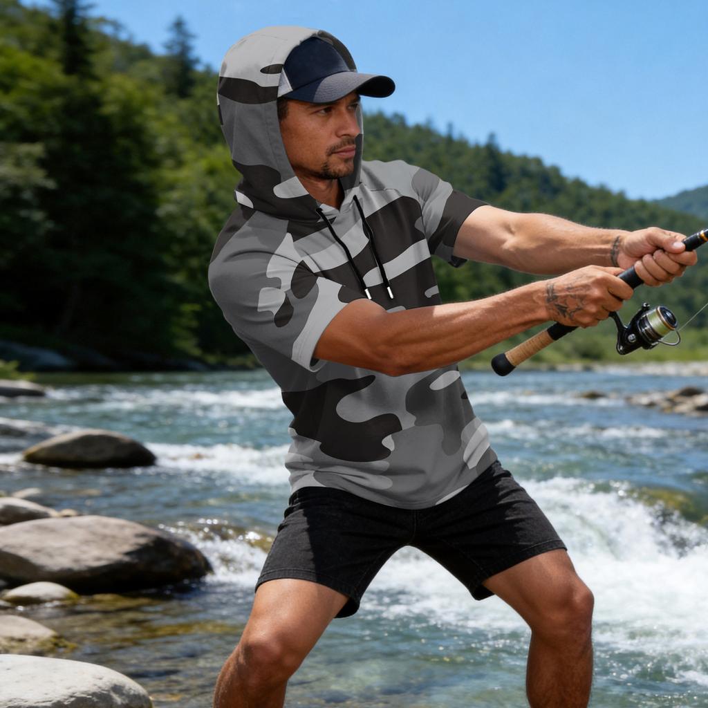 Men's Camouflage Print Raglan Sleeve Casual Sport Fishing Short Sleeve Hoodie Lightweight Breathable Outdoor Activewear Top