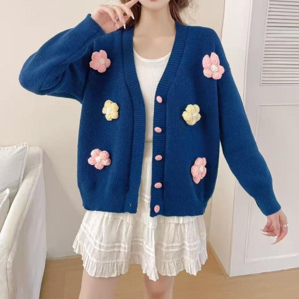 Autumn-Winter Strawberry Flower V-Neck Knit Sweater for Women