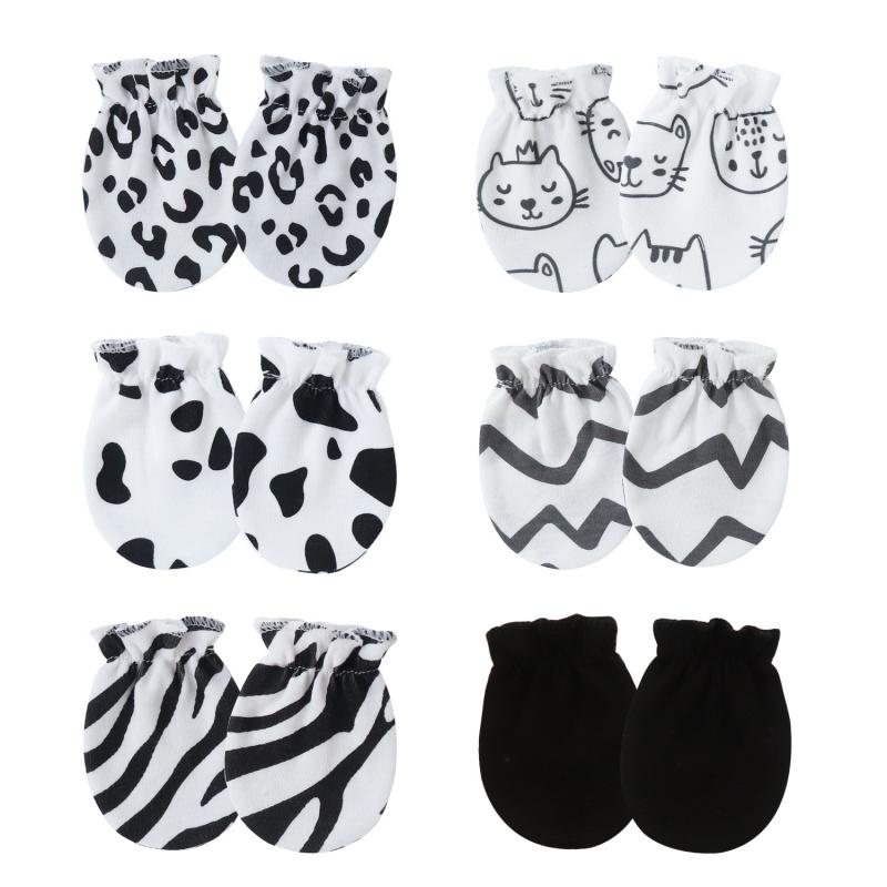 6PCS Baby Cotton Anti Scratch Mittens Newborn Elastic Cuff Hand Covers For 0-6 Months Infant Face Protection Daily Wear Assorted Styles