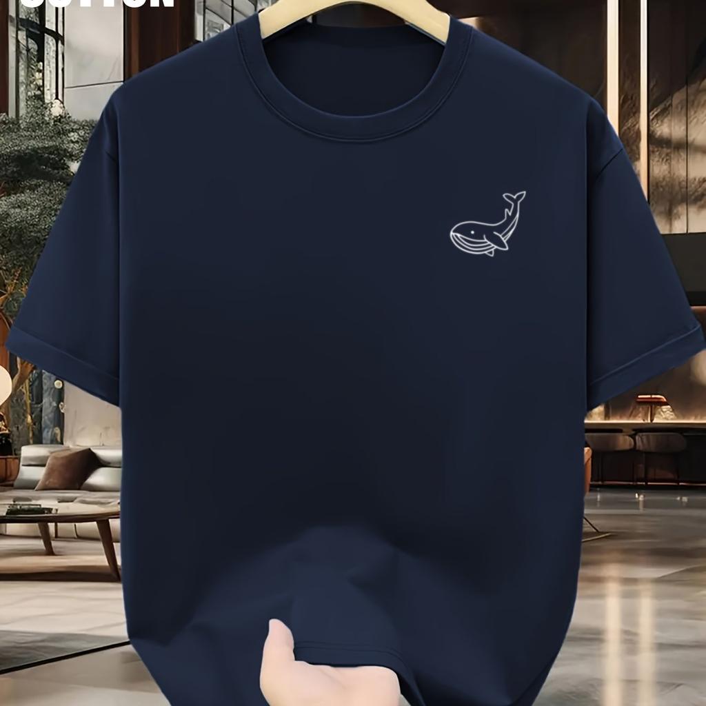 Men's Summer 100 Cotton Fashionable Casual Sports Loose Large Whale Pattern Printed Round Neck Short Sleeve T-shirt Top T Shirt