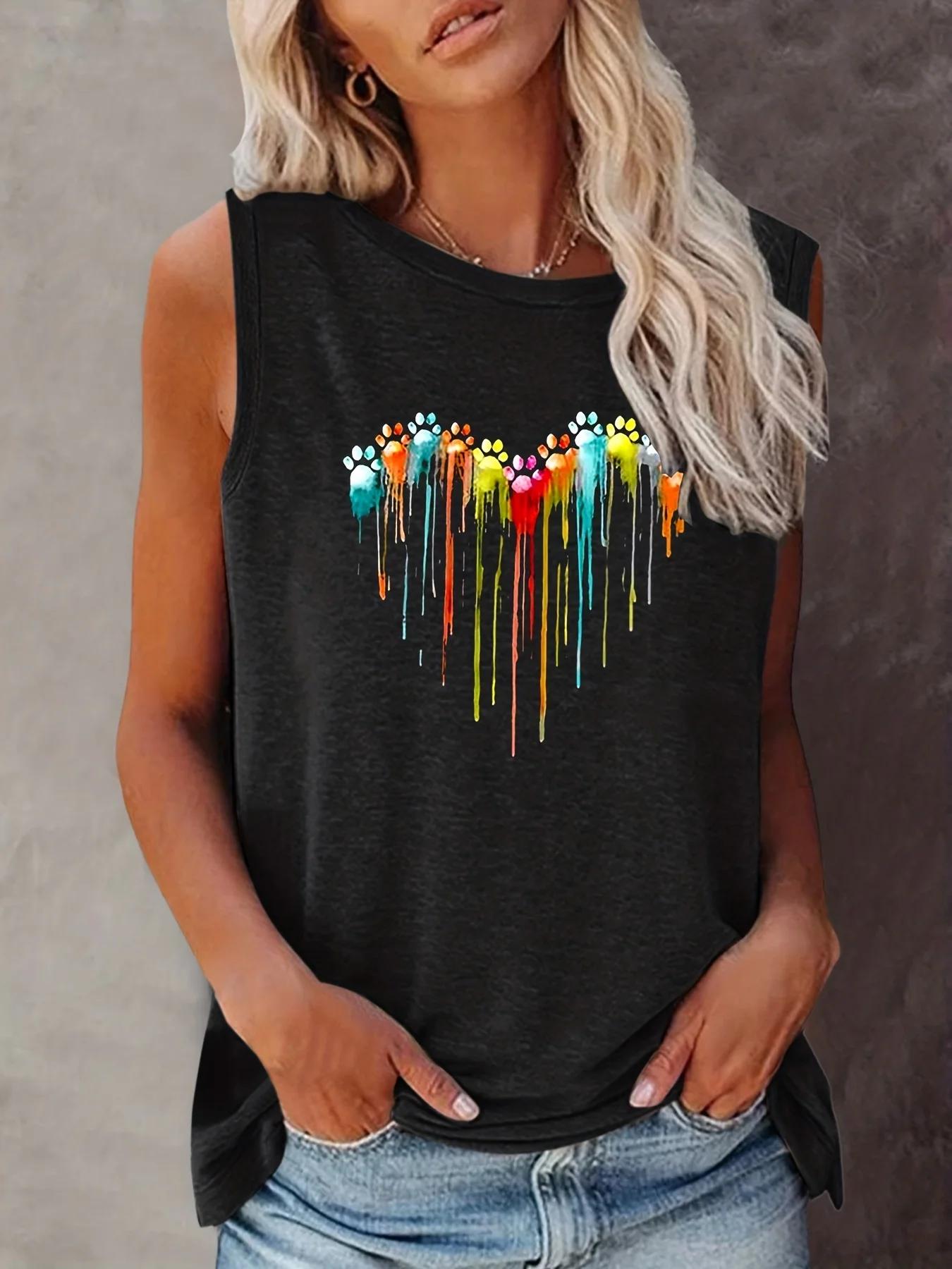 

Colorful Paw Print Crew Neck Tank Top, Casual Sleeveless Top For Summer, Women s Clothing S