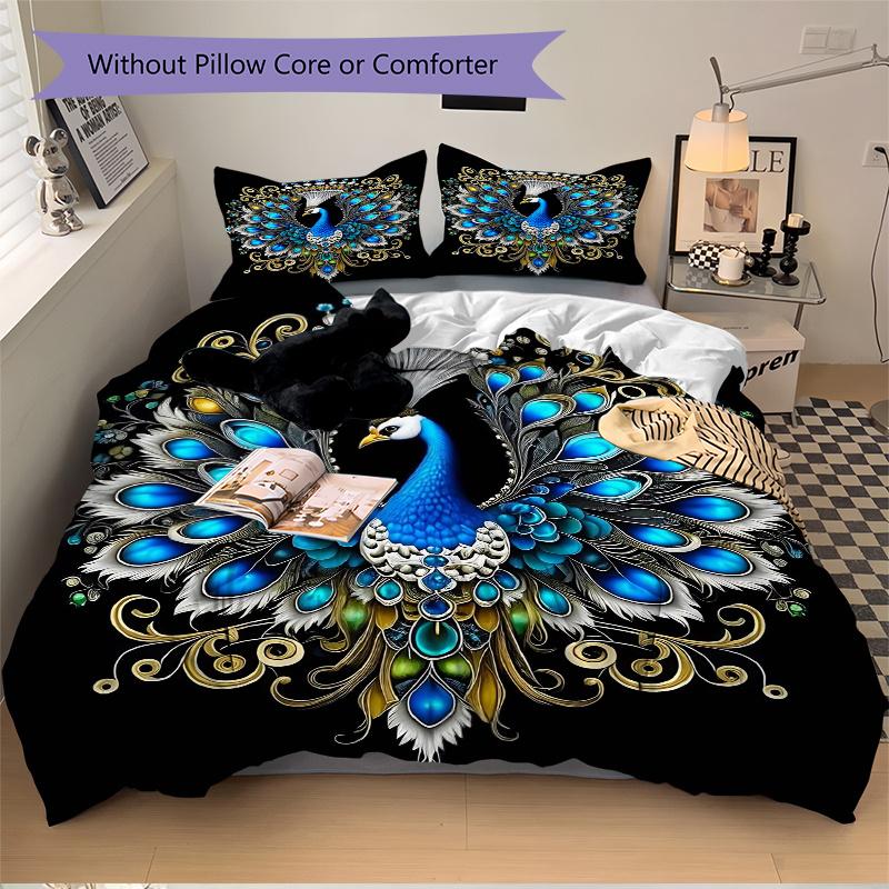 3pcs Enchanted Elegance Peacock Printed Quilt Set - Includes 1 Quilt Cover and 2 Pillowcases, Machine Washable - Suitable for All Seasons.J037