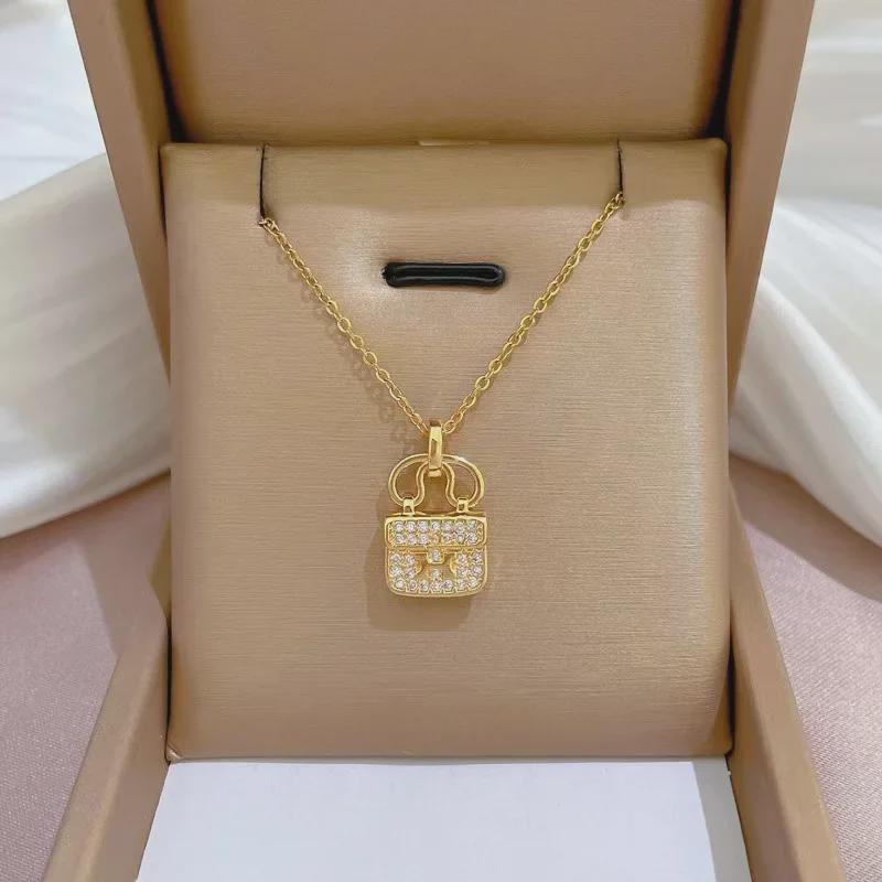 All-Match Titanium Steel H Bag Necklace - Advanced Design Clavicle Chain with Diamonds for Women - Perfect Gift for Girlfriends.