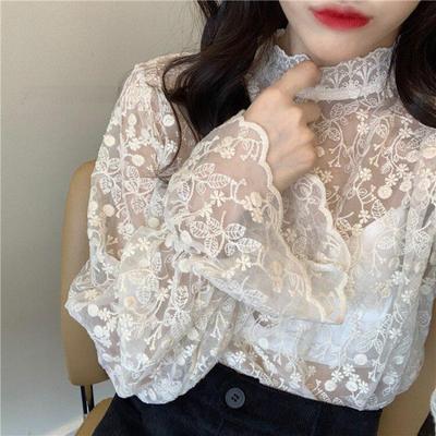 Sheer Transparent Lace Blouse Ruffles Ruched Flare Sleeve Embroidery Shirt Women Top Chemise Renda Blusa