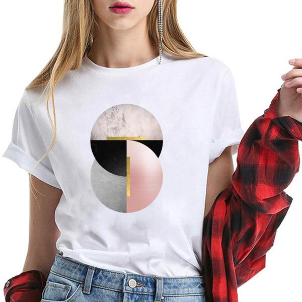 

Summer Short Sleeve Tees Geometric Graphic Print Female T-Shirt Round Neck Casual White Cute Cartoon Pattern Girl Clothes S білий
