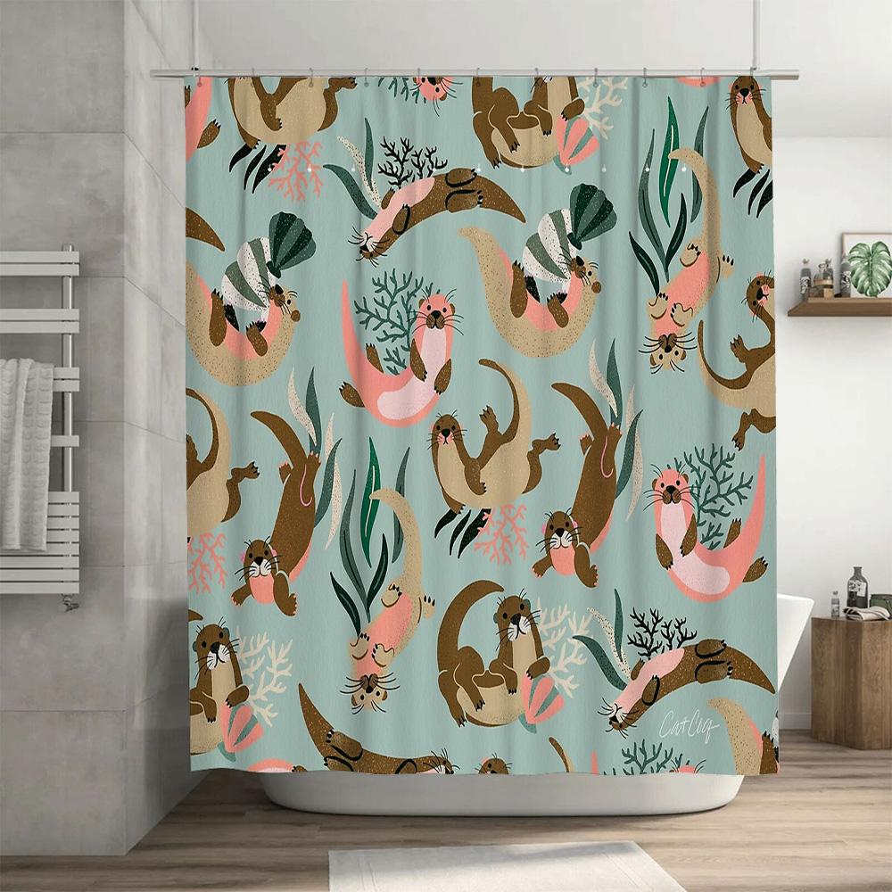 Cute Otter Shower Curtain Forest Animal Bathroom Decor Woodland Nature Waterproof Fabric Backdrop for Spa