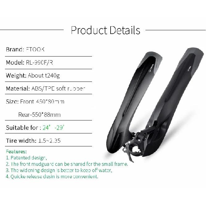 RBRL Bicycle fender Wings for Bicycle 29 Mud Flaps for Bicycle Mountain Bike Fender Quick Release 24 to 29 Inch Mtb Accessories
