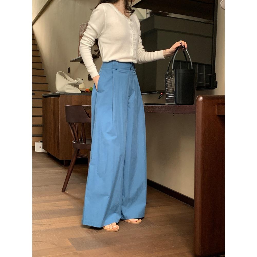 

Ленивые Свободные Брюки Прямого Кроя с Драпировкой и Высокой Посадкой Женские L синий