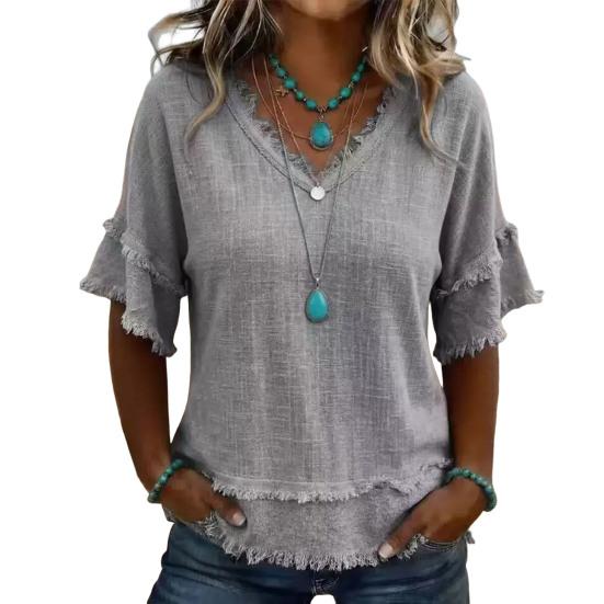 Women Tops, V-Neck Half Sleeve Summer T-shirt, Pure Color Loose Fit Tee Shirt with Fringe Trim, Casual Blouse for Work Party Vacation Office Date