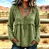 Women's Casual V-Neck Long Sleeve Color Cotton Linen Blouse for Everyday Wear
