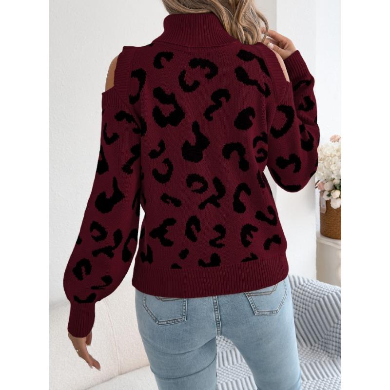 Women S Leopard Print Long Sleeve High Neck Casual Sweater