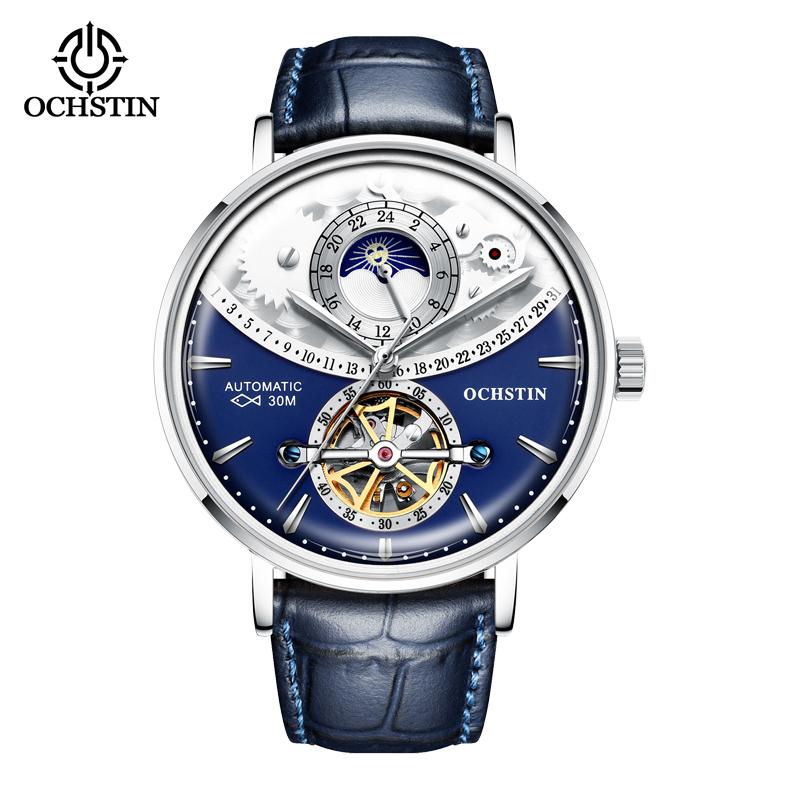 Ochstin New Model Sun And Moon Fully Automatic Watch Flywheel Mechanical Movement Watch Leather Strap Men's Mechanical Watches