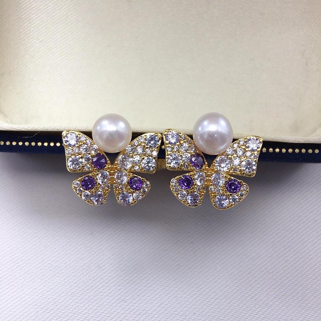 Zhuji Freshwater Pearl and Diamond Butterfly Stud Earrings for Women