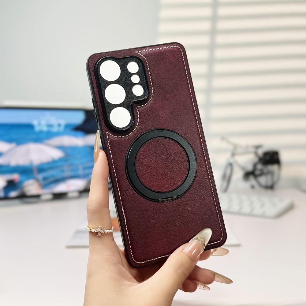 Matte Magnetic Rotating Bracket Leather Case for Samsung S26 S22 Ultra S25 FE S24 S23 Plus A56 for Magsafe Wireless Charge Cover