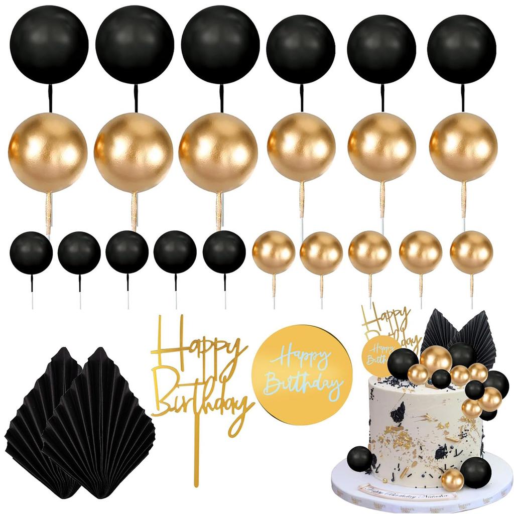 Black Silver Foam Balls Cake Decoration Silver Palm Leaves Cake Decoration for Birthday Wedding Baby Shower Bridal Shower