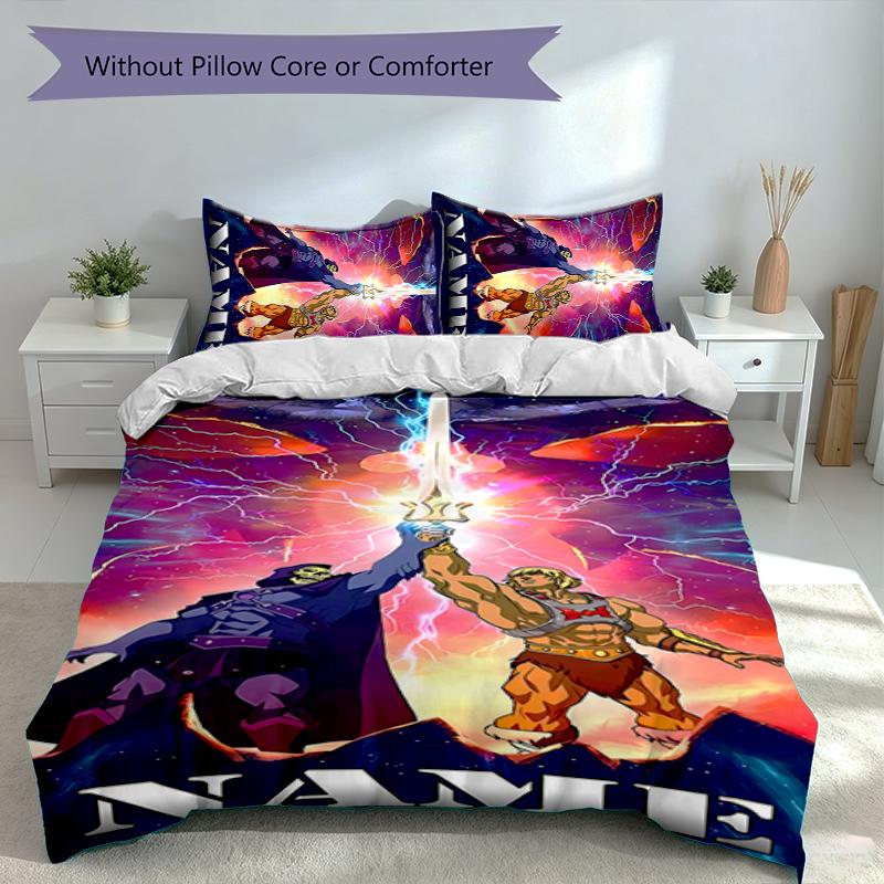 3-teiliges Set mit individuellem Namen, He-Man und die Masters of the Universe, Enthält 1 Bettbezug und 2 Kissenbezüge, Ganzjahres-Schlafzimmerdekoration