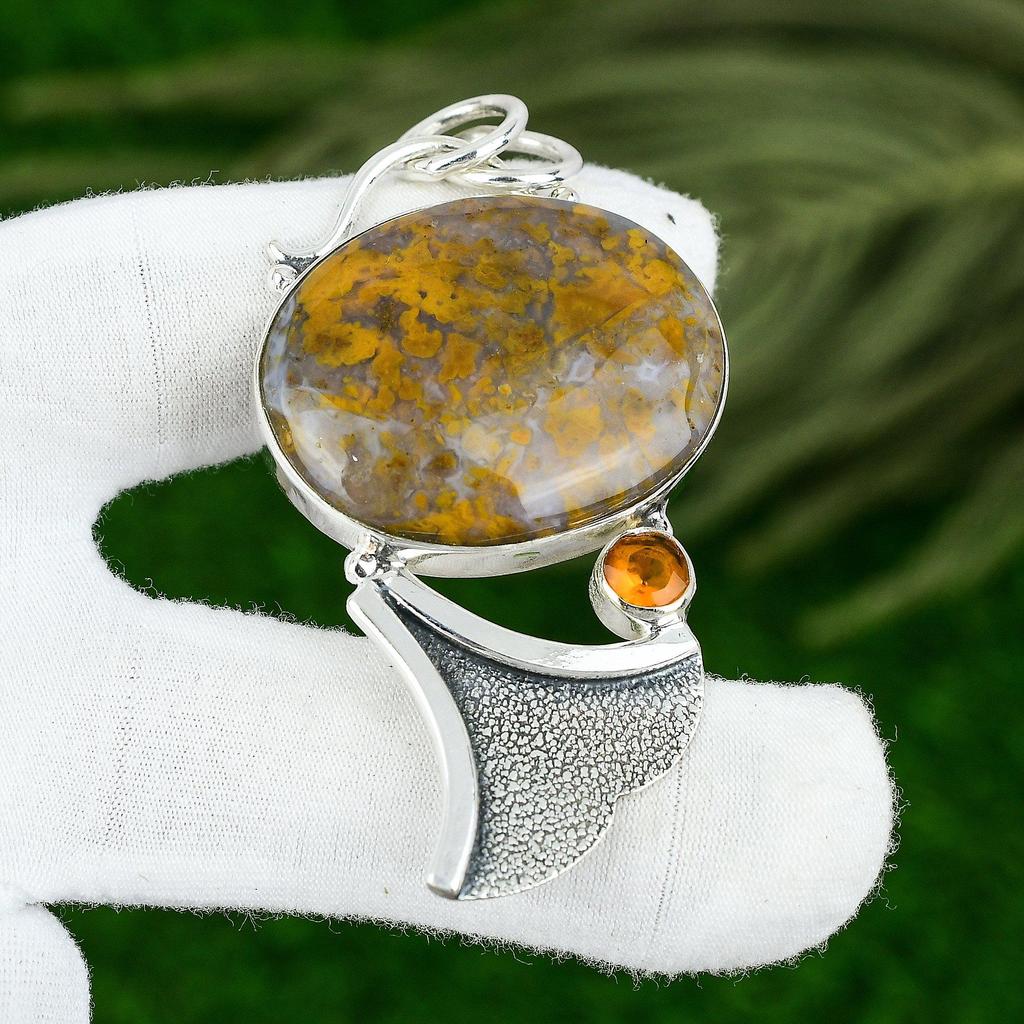 Sterling Silver Polka Dot Agate Stone Honey Topaz Handcrafted Bezel Wife Pendant