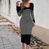 Autumn and Winter Temperament Slim V-neck Contrast Striped Sweater Dress