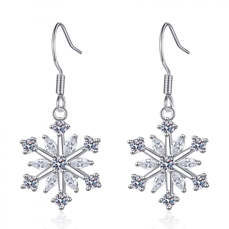 European & American Ice Flower Rhinestone Snowflake Dangle Earrings for Women - Symmetrical, Simple, Copper & Zirconia Design