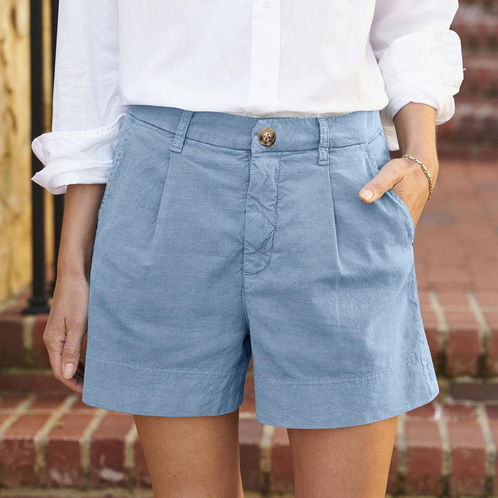 Women's Soft Cotton Linen Shorts Pockets Soft  Button Closure No Zipper Slim Fit Shorts