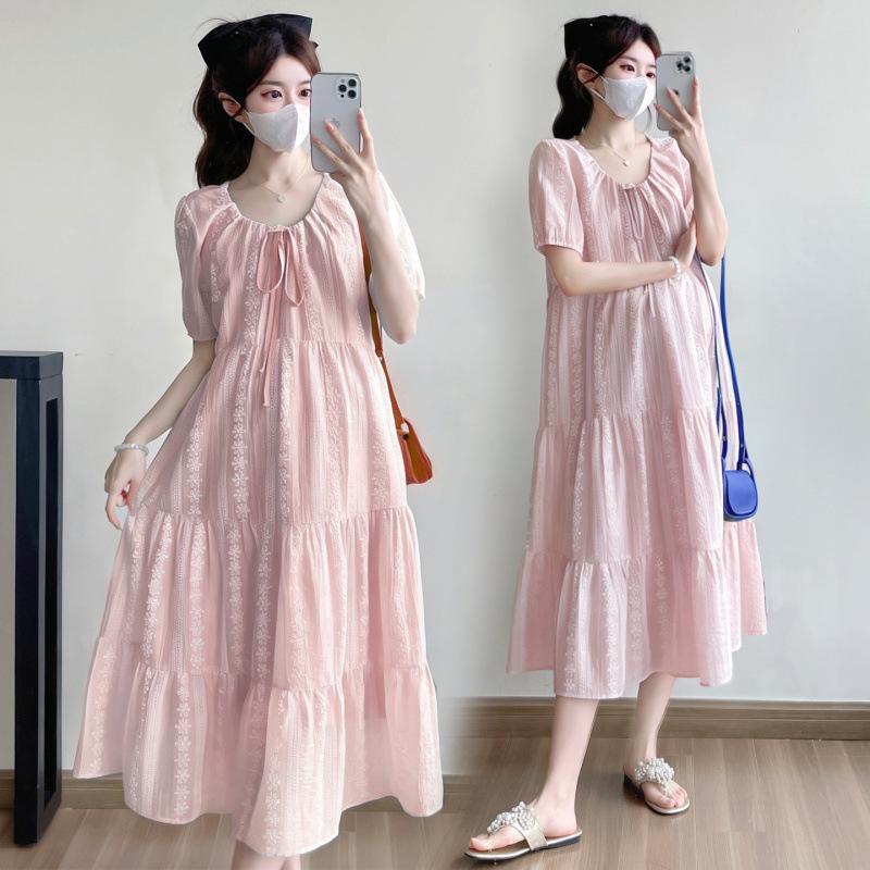 2026 Korean Style Summer Maternity Midi Dress - Simple, Fashionable, Loose-Fit, Plus Size Large