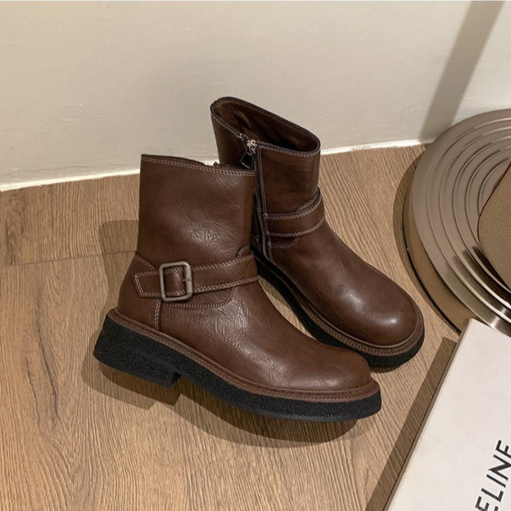 Bootie Women'S Autumn Winter New Side Zipper Thick-Soled Medium Boots Women'S Retro Round Head Thick Heel Thin Short Boots Women