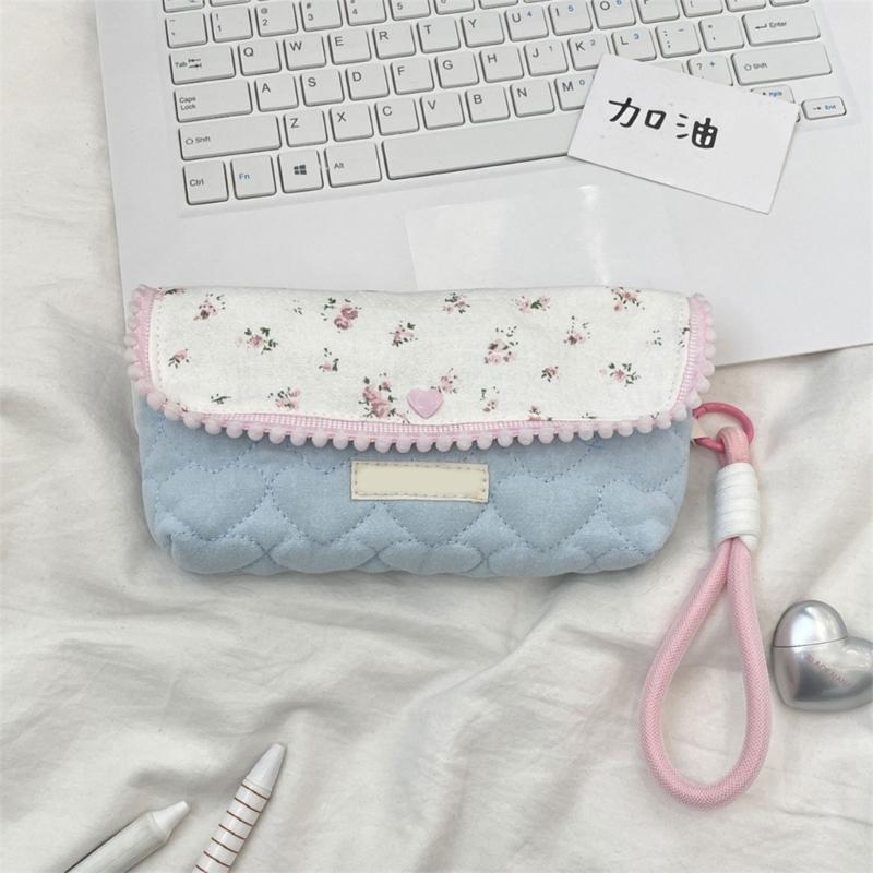 Flower Print Pen Bag with Lanyard Large Capacity Pencil Case Pen Organizers Pencil Pouches Travel Makeup Bag for Women