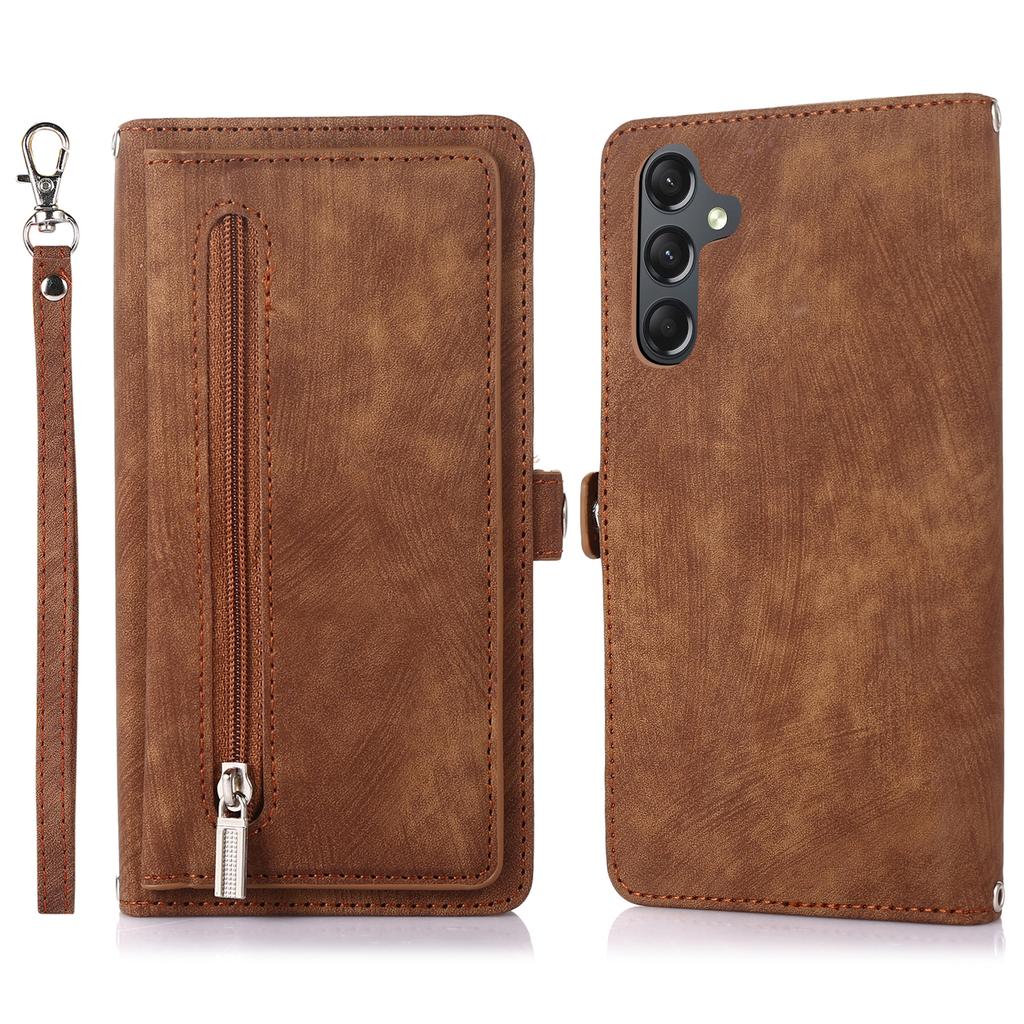 For Samsung Galaxy A35 5G Case Zipper Pocket 9 Card Slots PU Leather Phone Cover with Wrist Strap