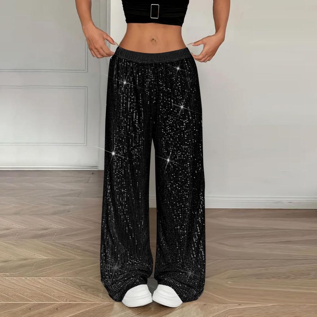 Sequin Pants Women Stretchy High Waist Wide Leg Pant Casual Loose Glitter Trousers Bling Party Clubwear