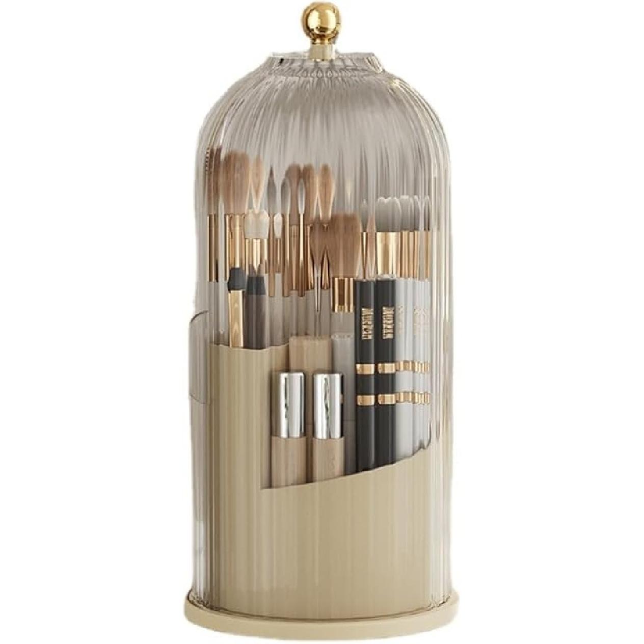 Rotating Makeup Brush Holder with Clear Lid – 360° Makeup Brush Organizer for All Brush Sizes, Durable Dustproof Storage Stand with Large Milk yellow/transparent
