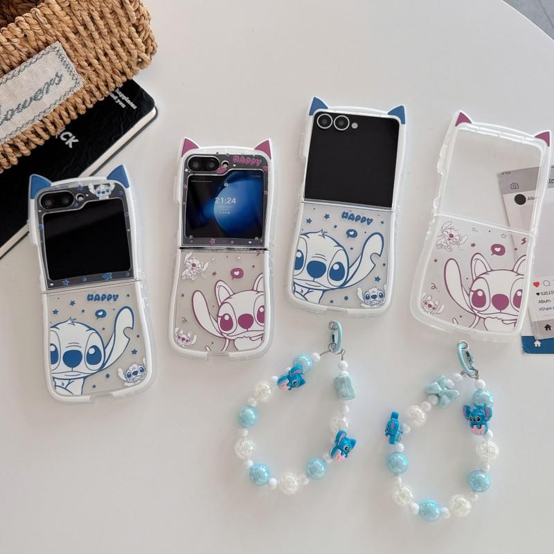 Funda de Teléfono de Dibujos Animados Stitch con Orejas de Gato 3D Kawaii para Samsung Galaxy Z Flip 3 4 5 6 7 7FE Funda Protectora con Cordón de Perlas