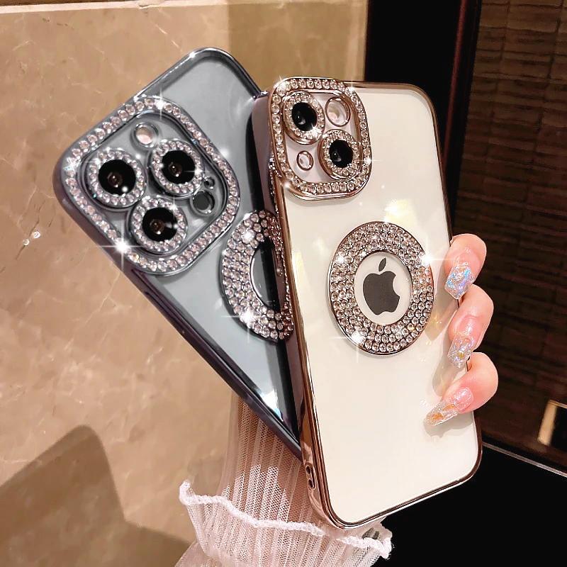 Luxury Electroplated Diamond Glitter Case For iPhone 11 12 13 14 15 16 Pro Max 14 Plus Transparent Hollow Out Bumper Soft Cover