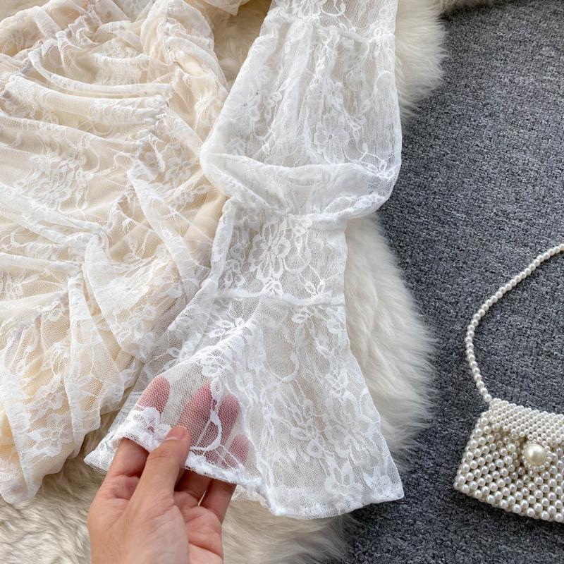 Frence seksowna koronkowa przezroczysta sukienka jednoczęściowa damska elegancka latarnia rękaw elegancka Mini sukienka Lady słodka impreza urodzinowa projektowanie mody odzież 2024