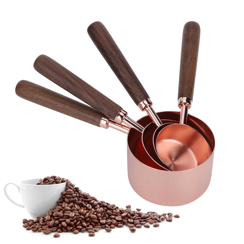 4PCS Set Rose Gold Measuring Cup Spoon with Scale Thickened Wooden Handle Home Baking Tool