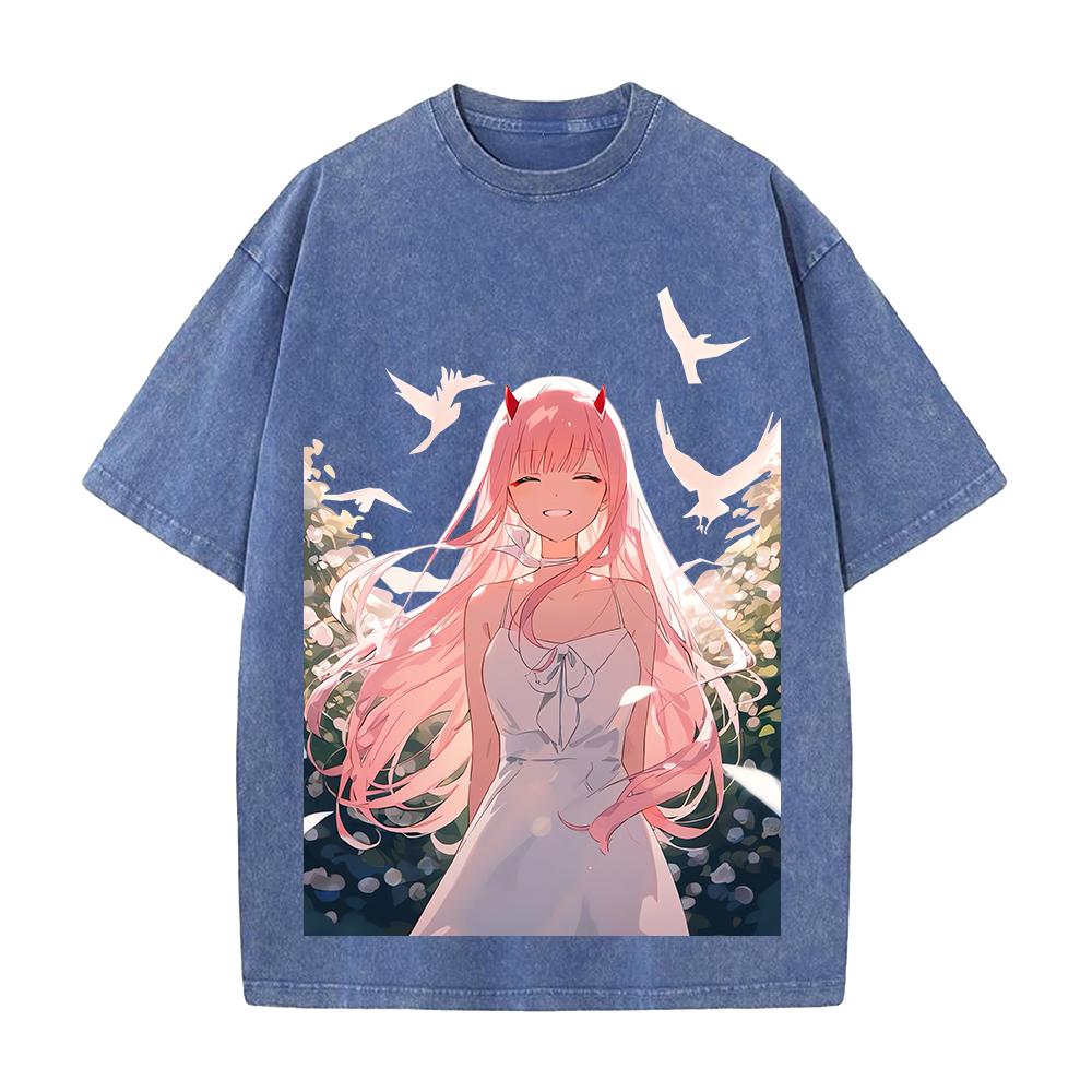 DARLING in the FRANXX Zero Two Printed Tee Men Women Short Sleeve Cotton Tshirts Vintage Washed T-shirt Oversized Streetwear