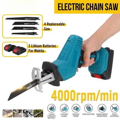 88VF Cordless Reciprocating Saw Chainsaw 4 Blades Rechargeable Electric Jig Saw Metal Cutting Woodworking with 2 Battery Blue + Black