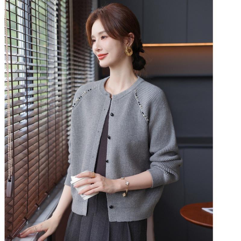 Autumn new sweater casual versatile fresh round neck beaded top women's knitted cardigan jacket