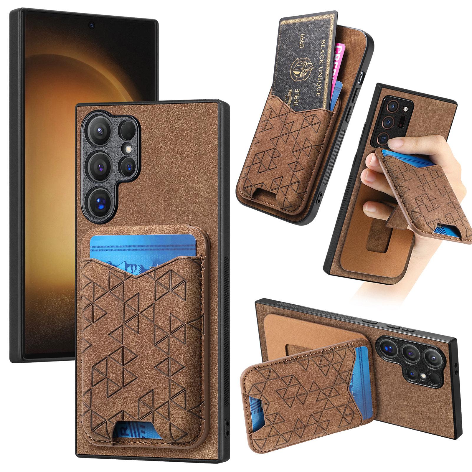 

For Samsung Galaxy S23 Ultra Case Imprinted Pattern Card Holder Kickstand Leather Back Cover Brown