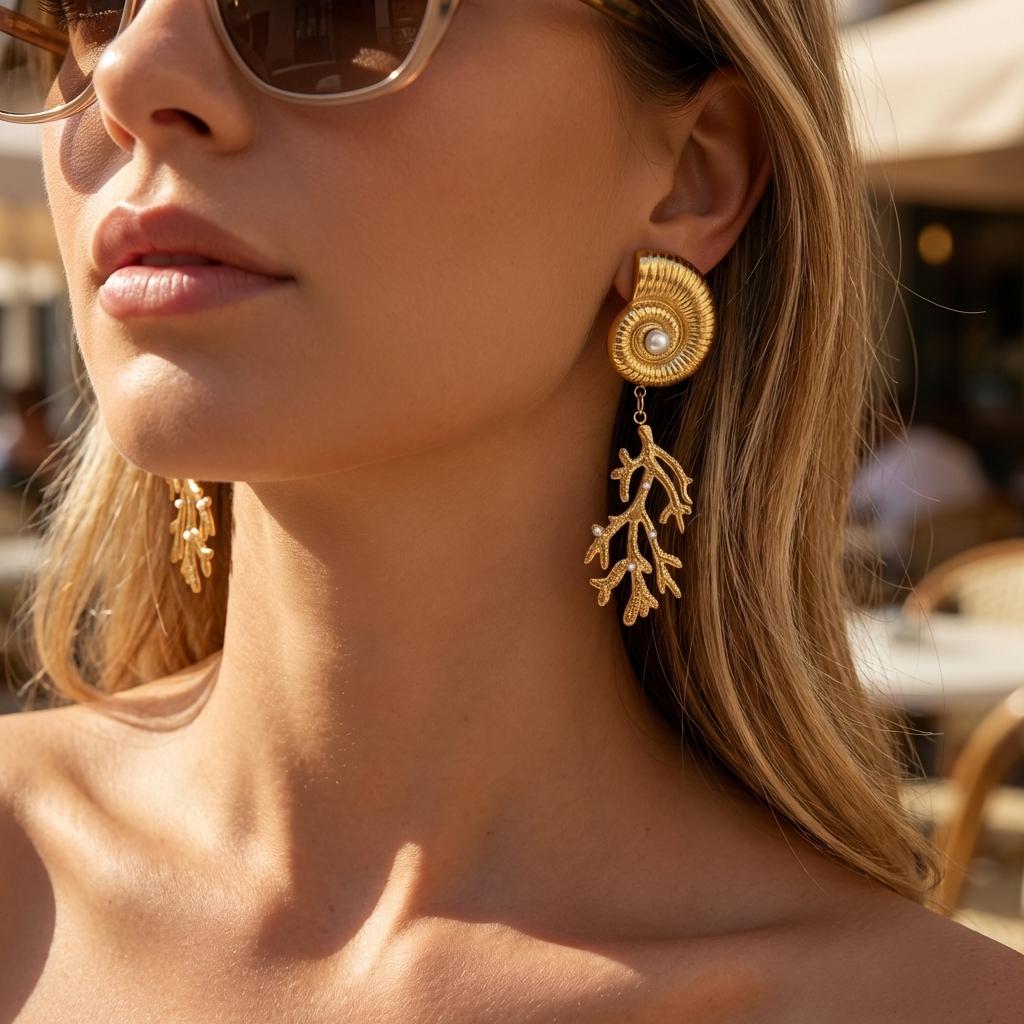 Vintage Gold Plated Metal Texture Shell Drop Earrings for Women Boho Elegant Imitation Pearl Conch Coral Earring Party Jewelry